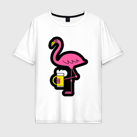 Мужская футболка хлопок Oversize с принтом Фламинго и пивко в Тюмени, 100% хлопок | свободный крой, круглый ворот, “спинка” длиннее передней части | Тематика изображения на принте: 