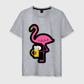 Мужская футболка хлопок с принтом Фламинго и пивко в Тюмени, 100% хлопок | прямой крой, круглый вырез горловины, длина до линии бедер, слегка спущенное плечо. | 