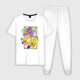 Мужская пижама хлопок с принтом Китайский золотой дракон в Кировске, 100% хлопок | брюки и футболка прямого кроя, без карманов, на брюках мягкая резинка на поясе и по низу штанин
 | 