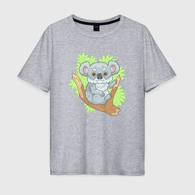 Мужская футболка хлопок Oversize с принтом Милый коала на ветке в Санкт-Петербурге, 100% хлопок | свободный крой, круглый ворот, “спинка” длиннее передней части | Тематика изображения на принте: 