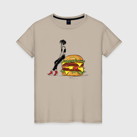 Женская футболка хлопок с принтом Красотка и бургер в Санкт-Петербурге, 100% хлопок | прямой крой, круглый вырез горловины, длина до линии бедер, слегка спущенное плечо | 