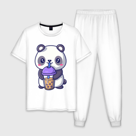 Мужская пижама хлопок с принтом Panda drink в Санкт-Петербурге, 100% хлопок | брюки и футболка прямого кроя, без карманов, на брюках мягкая резинка на поясе и по низу штанин
 | Тематика изображения на принте: 
