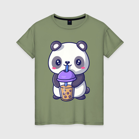 Женская футболка хлопок с принтом Panda drink в Санкт-Петербурге, 100% хлопок | прямой крой, круглый вырез горловины, длина до линии бедер, слегка спущенное плечо | 