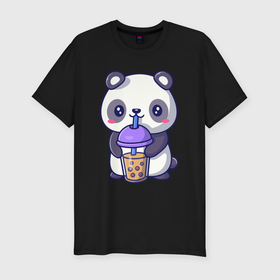 Мужская футболка хлопок Slim с принтом Panda drink в Санкт-Петербурге, 92% хлопок, 8% лайкра | приталенный силуэт, круглый вырез ворота, длина до линии бедра, короткий рукав | Тематика изображения на принте: 