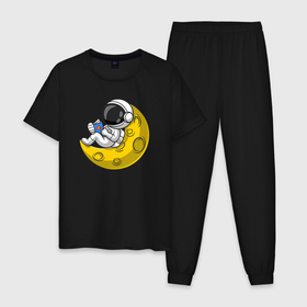 Мужская пижама хлопок с принтом Космонавт читает на Луне в Санкт-Петербурге, 100% хлопок | брюки и футболка прямого кроя, без карманов, на брюках мягкая резинка на поясе и по низу штанин
 | Тематика изображения на принте: 