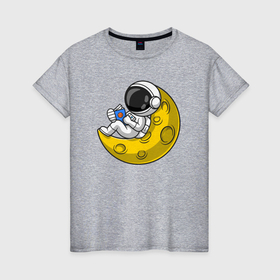 Женская футболка хлопок с принтом Космонавт читает на Луне в Санкт-Петербурге, 100% хлопок | прямой крой, круглый вырез горловины, длина до линии бедер, слегка спущенное плечо | 