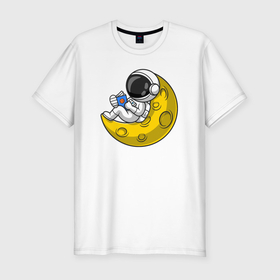 Мужская футболка хлопок Slim с принтом Космонавт читает на Луне в Тюмени, 92% хлопок, 8% лайкра | приталенный силуэт, круглый вырез ворота, длина до линии бедра, короткий рукав | 