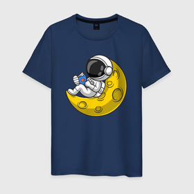 Мужская футболка хлопок с принтом Космонавт читает на Луне , 100% хлопок | прямой крой, круглый вырез горловины, длина до линии бедер, слегка спущенное плечо. | 