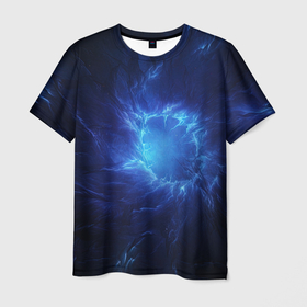 Мужская футболка 3D с принтом Яркая вспышка в синей абстракции в Екатеринбурге, 100% полиэфир | прямой крой, круглый вырез горловины, длина до линии бедер | 