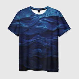 Мужская футболка 3D с принтом Абстракция в виде синих волн в Новосибирске, 100% полиэфир | прямой крой, круглый вырез горловины, длина до линии бедер | 