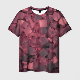 Мужская футболка 3D с принтом Кубики металлические красные в Петрозаводске, 100% полиэфир | прямой крой, круглый вырез горловины, длина до линии бедер | Тематика изображения на принте: 