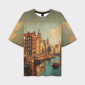 Мужская футболка oversize 3D с принтом Винтажная открытка городского канала в Петрозаводске,  |  | 
