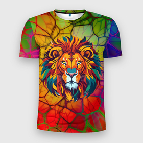 Мужская футболка 3D Slim с принтом Lion face paint в Кировске, 100% полиэстер с улучшенными характеристиками | приталенный силуэт, круглая горловина, широкие плечи, сужается к линии бедра | 