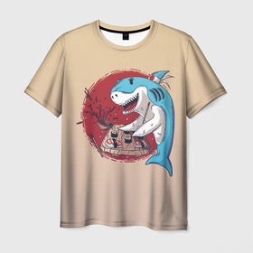 Мужская футболка 3D с принтом Sushi shark в Курске, 100% полиэфир | прямой крой, круглый вырез горловины, длина до линии бедер | Тематика изображения на принте: 