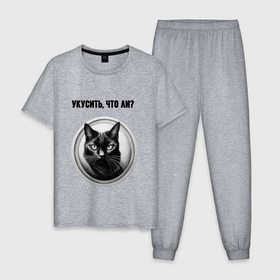Мужская пижама хлопок с принтом Укусить что ли   кот черный в Петрозаводске, 100% хлопок | брюки и футболка прямого кроя, без карманов, на брюках мягкая резинка на поясе и по низу штанин
 | 