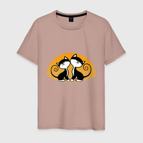 Мужская футболка хлопок с принтом Влюблённые кошечки в Тюмени, 100% хлопок | прямой крой, круглый вырез горловины, длина до линии бедер, слегка спущенное плечо. | 
