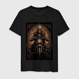 Мужская футболка хлопок с принтом Старый скелет едет на старом мотоцикле в Санкт-Петербурге, 100% хлопок | прямой крой, круглый вырез горловины, длина до линии бедер, слегка спущенное плечо. | 