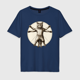 Мужская футболка хлопок Oversize с принтом Витрувианский космо кот в Петрозаводске, 100% хлопок | свободный крой, круглый ворот, “спинка” длиннее передней части | 