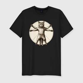 Мужская футболка хлопок Slim с принтом Витрувианский космо кот в Курске, 92% хлопок, 8% лайкра | приталенный силуэт, круглый вырез ворота, длина до линии бедра, короткий рукав | 
