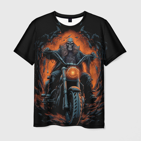 Мужская футболка 3D с принтом Скелет сатаны едет   на старом мотоцикле , 100% полиэфир | прямой крой, круглый вырез горловины, длина до линии бедер | 