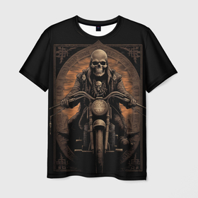 Мужская футболка 3D с принтом Старый скелет   едет на старом мотоцикле в Тюмени, 100% полиэфир | прямой крой, круглый вырез горловины, длина до линии бедер | 