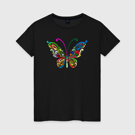 Женская футболка хлопок с принтом Butterfly colors в Санкт-Петербурге, 100% хлопок | прямой крой, круглый вырез горловины, длина до линии бедер, слегка спущенное плечо | 