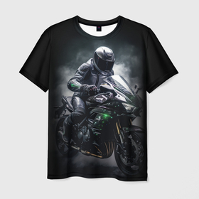 Мужская футболка 3D с принтом Мотоциклист и дым в Петрозаводске, 100% полиэфир | прямой крой, круглый вырез горловины, длина до линии бедер | 