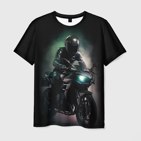Мужская футболка 3D с принтом Спорт мотоциклист и дым в Екатеринбурге, 100% полиэфир | прямой крой, круглый вырез горловины, длина до линии бедер | Тематика изображения на принте: 
