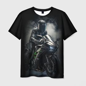 Мужская футболка 3D с принтом Мотоцикл в дыму в Екатеринбурге, 100% полиэфир | прямой крой, круглый вырез горловины, длина до линии бедер | Тематика изображения на принте: 