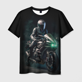 Мужская футболка 3D с принтом Мотоциклист ночью в Белгороде, 100% полиэфир | прямой крой, круглый вырез горловины, длина до линии бедер | 