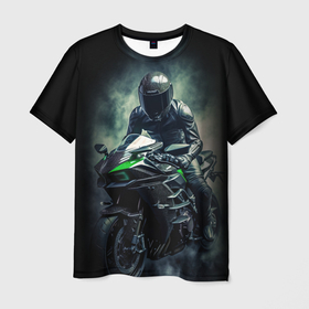Мужская футболка 3D с принтом Мотоциклист на спортивном  байке черный фон в Екатеринбурге, 100% полиэфир | прямой крой, круглый вырез горловины, длина до линии бедер | Тематика изображения на принте: 