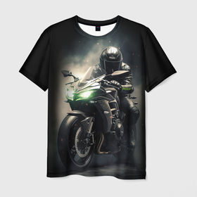 Мужская футболка 3D с принтом Мотоциклист на спортивном байке с зелеными фарами в Белгороде, 100% полиэфир | прямой крой, круглый вырез горловины, длина до линии бедер | 