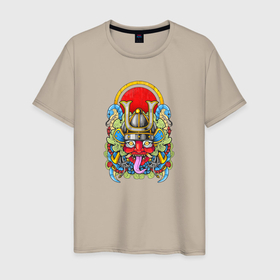 Мужская футболка хлопок с принтом Мифический демон самурай в Тюмени, 100% хлопок | прямой крой, круглый вырез горловины, длина до линии бедер, слегка спущенное плечо. | Тематика изображения на принте: 
