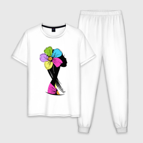 Мужская пижама хлопок с принтом Girl flower в Санкт-Петербурге, 100% хлопок | брюки и футболка прямого кроя, без карманов, на брюках мягкая резинка на поясе и по низу штанин
 | Тематика изображения на принте: 
