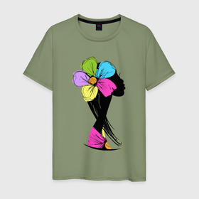 Мужская футболка хлопок с принтом Girl flower в Санкт-Петербурге, 100% хлопок | прямой крой, круглый вырез горловины, длина до линии бедер, слегка спущенное плечо. | Тематика изображения на принте: 