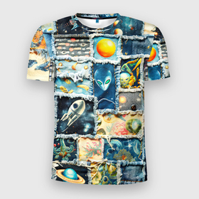 Мужская футболка 3D Slim с принтом Космические обитатели   пэчворк в Петрозаводске, 100% полиэстер с улучшенными характеристиками | приталенный силуэт, круглая горловина, широкие плечи, сужается к линии бедра | 
