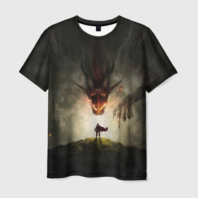 Мужская футболка 3D с принтом Дракон и главный герой dragons dogma в Петрозаводске, 100% полиэфир | прямой крой, круглый вырез горловины, длина до линии бедер | 