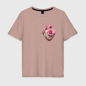 Мужская футболка хлопок Oversize с принтом Настоящее сердце и роза цветка в Петрозаводске, 100% хлопок | свободный крой, круглый ворот, “спинка” длиннее передней части | Тематика изображения на принте: 