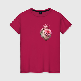 Женская футболка хлопок с принтом Настоящее сердце и роза цветка в Новосибирске, 100% хлопок | прямой крой, круглый вырез горловины, длина до линии бедер, слегка спущенное плечо | 