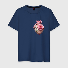 Мужская футболка хлопок с принтом Настоящее сердце и роза цветка в Кировске, 100% хлопок | прямой крой, круглый вырез горловины, длина до линии бедер, слегка спущенное плечо. | 