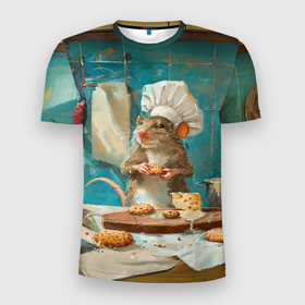 Мужская футболка 3D Slim с принтом Крыса шеф повар на кухне в Екатеринбурге, 100% полиэстер с улучшенными характеристиками | приталенный силуэт, круглая горловина, широкие плечи, сужается к линии бедра | 