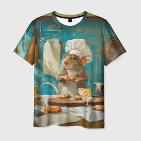 Мужская футболка 3D с принтом Крыса шеф повар на кухне в Екатеринбурге, 100% полиэфир | прямой крой, круглый вырез горловины, длина до линии бедер | 