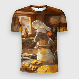 Мужская футболка 3D Slim с принтом Крыса повар готовит на кухне в Екатеринбурге, 100% полиэстер с улучшенными характеристиками | приталенный силуэт, круглая горловина, широкие плечи, сужается к линии бедра | 