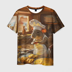 Мужская футболка 3D с принтом Крыса повар готовит на кухне в Екатеринбурге, 100% полиэфир | прямой крой, круглый вырез горловины, длина до линии бедер | 