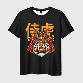 Мужская футболка 3D с принтом Tiger samurai face в Кировске, 100% полиэфир | прямой крой, круглый вырез горловины, длина до линии бедер | Тематика изображения на принте: 