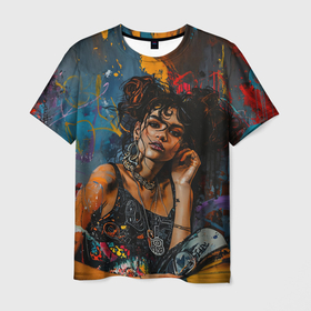 Мужская футболка 3D с принтом Красочный граффити портрет девушки в Кировске, 100% полиэфир | прямой крой, круглый вырез горловины, длина до линии бедер | 