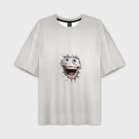 Мужская футболка oversize 3D с принтом Белая мордашка смайла и дырка в треснувшей стене в Курске,  |  | Тематика изображения на принте: 