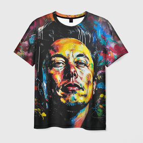 Мужская футболка 3D с принтом Граффити портрет Илона Маска , 100% полиэфир | прямой крой, круглый вырез горловины, длина до линии бедер | 