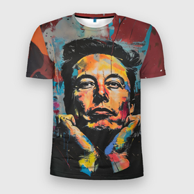 Мужская футболка 3D Slim с принтом Илон Маск граффити портрет в Екатеринбурге, 100% полиэстер с улучшенными характеристиками | приталенный силуэт, круглая горловина, широкие плечи, сужается к линии бедра | 