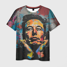 Мужская футболка 3D с принтом Илон Маск граффити портрет , 100% полиэфир | прямой крой, круглый вырез горловины, длина до линии бедер | 